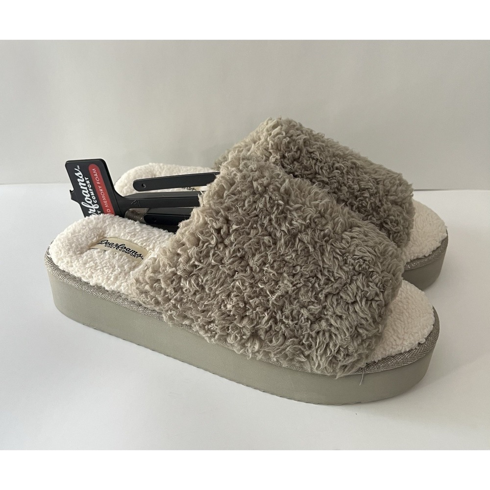 Dearfoams Women's Size Md 7-8 Tan Fluffy Platform Terry Slide Slippers New